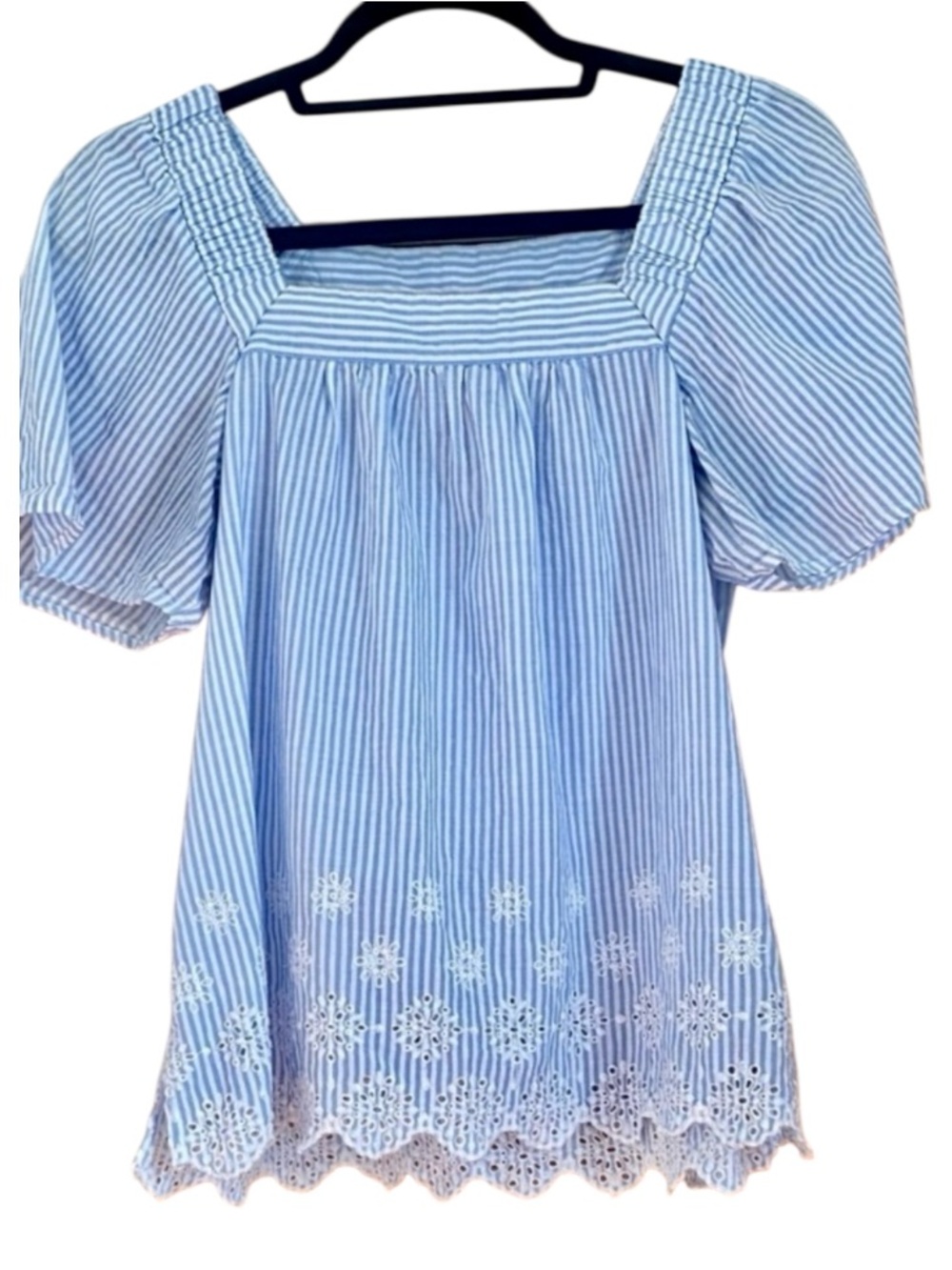 LOFT Blue White Stripe Eyelet Embroidered Puff Sleeve Cotton Blouse S